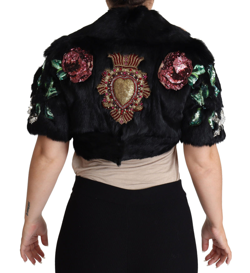 Dolce & Gabbana Elegante schwarze Kaninchenfell -Kristalljacke