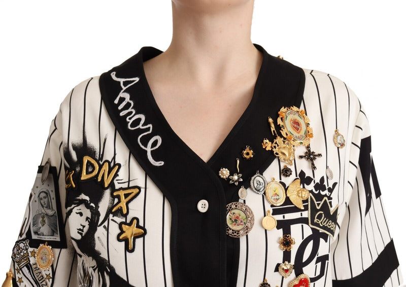 Dolce & Gabbana Elegant Striped V-Neck Blouse With Charms