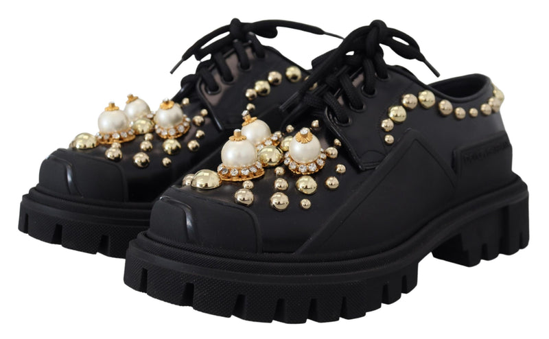 Dolce & Gabbana Timeless Black Leather Derby Flats with glam accents