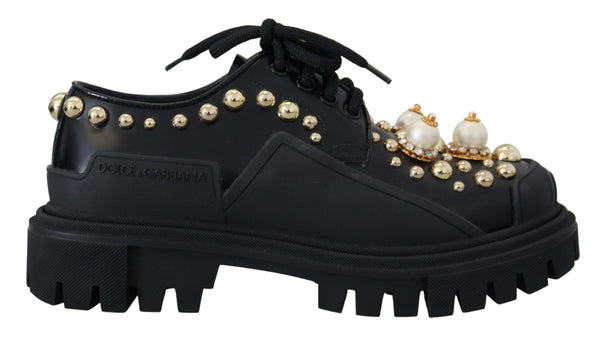 Dolce & Gabbana Timeless Black Leder Derby Flats mit glamourösen Akzenten