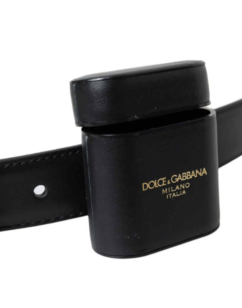 Dolce &amp; Gabbana Estuche para Airpods de cuero negro Cinturón con hebilla plateada