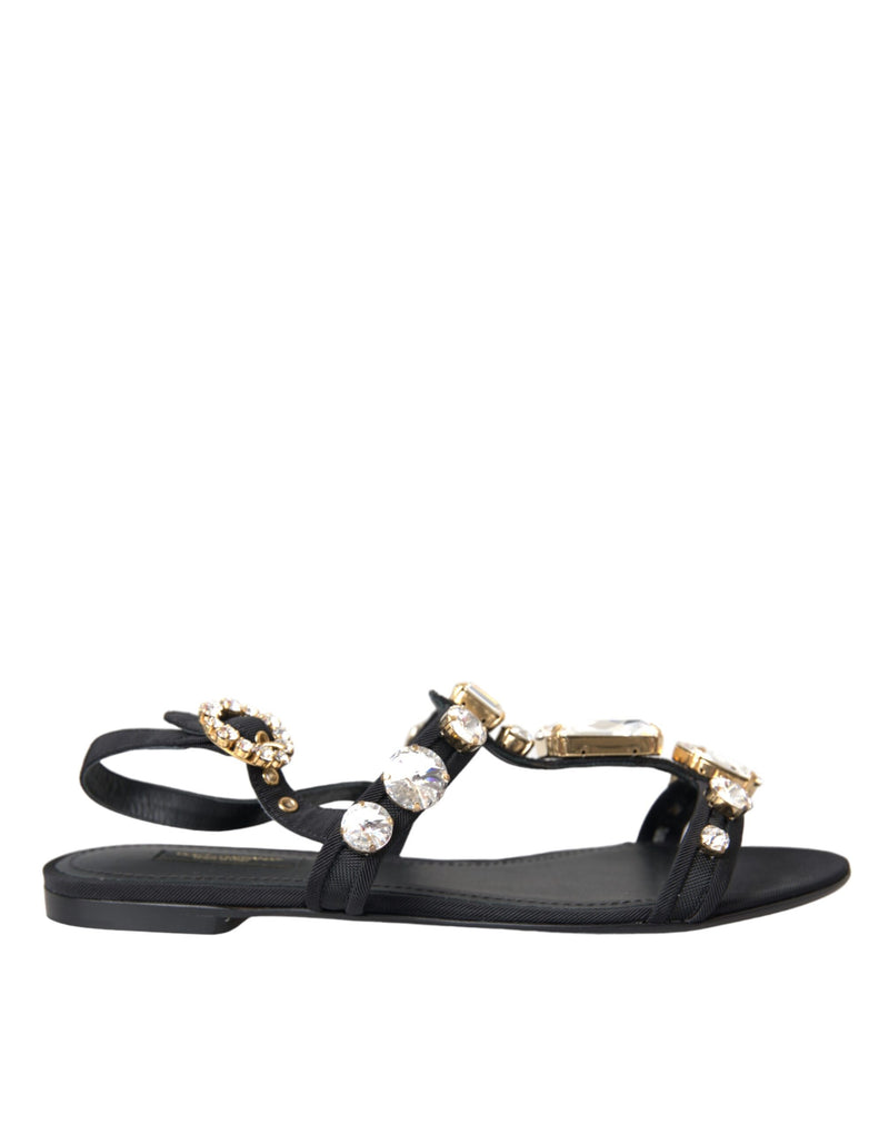 Dolce & Gabbana Black Leather Crystal Flats Sandals Shoes