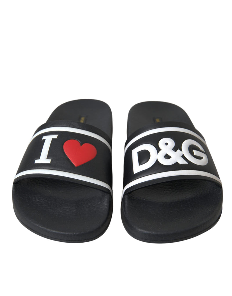 Dolce & Gabbana Black Leather I Love D & G Slides Shoes