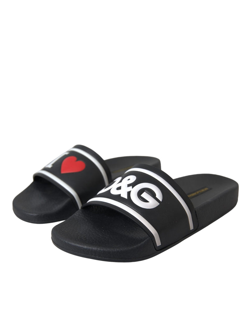 Dolce & Gabbana Black Leather I Love D & G Slides Shoes