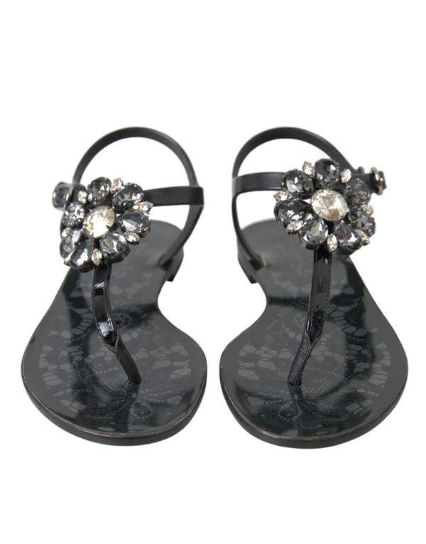 Dolce & Gabbana Schwarze Kristallflächen Sandalen Flip Flops Schuhe