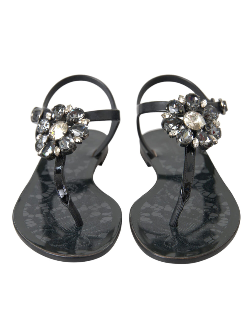 Dolce & Gabbana Schwarze Kristallflächen Sandalen Flip Flops Schuhe