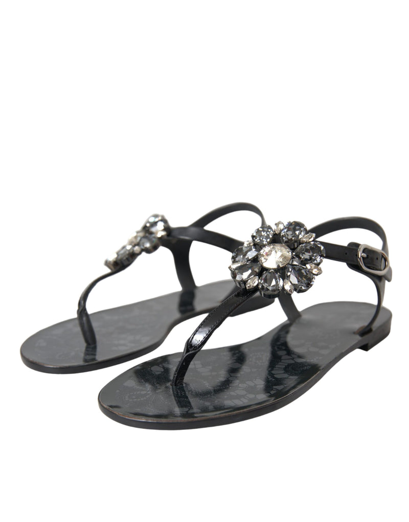 Dolce & Gabbana Schwarze Kristallflächen Sandalen Flip Flops Schuhe