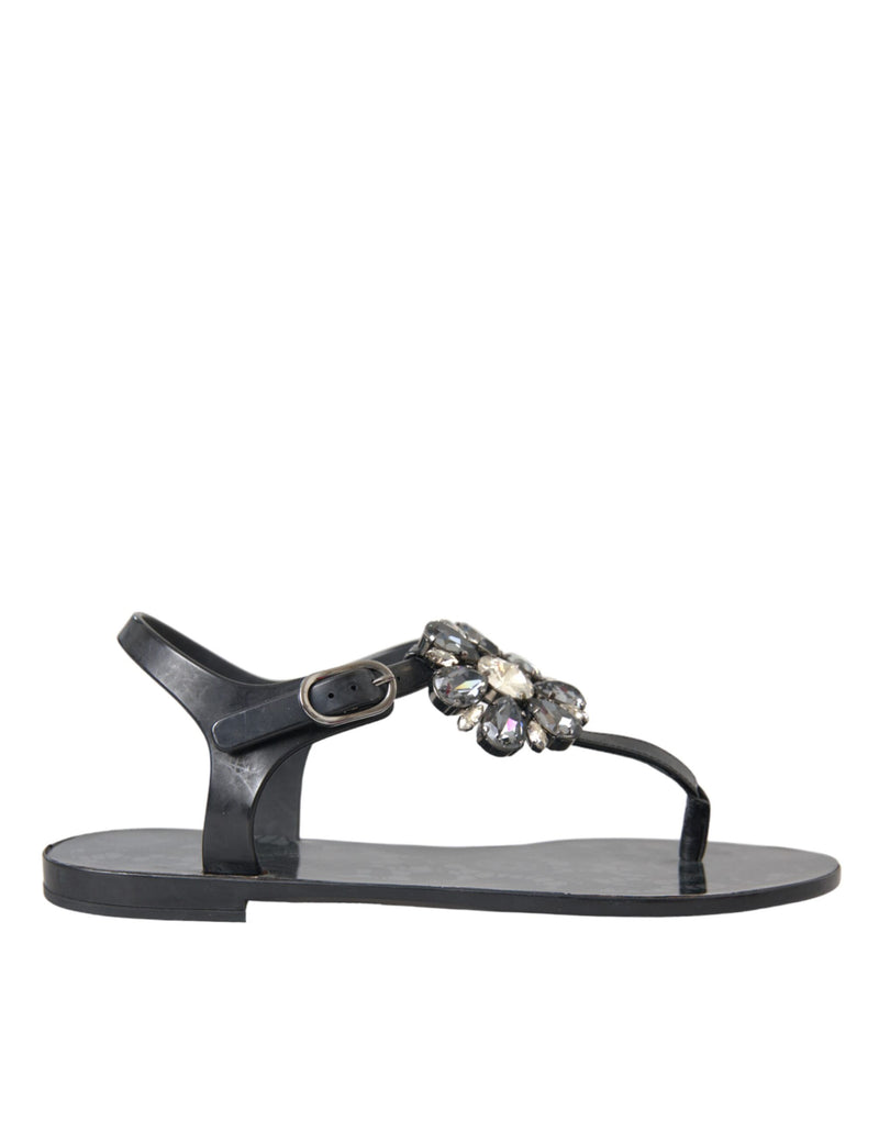 Dolce & Gabbana Schwarze Kristallflächen Sandalen Flip Flops Schuhe