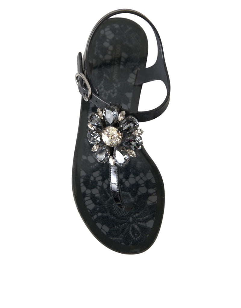 Dolce & Gabbana Schwarze Kristallflächen Sandalen Flip Flops Schuhe