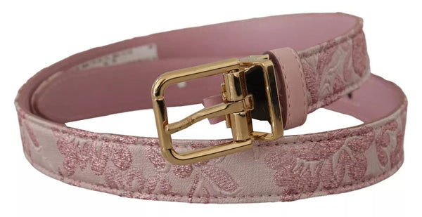 Dolce &amp; Gabbana Cinturón con hebilla de metal en tono dorado y bordado de jaquard rosa