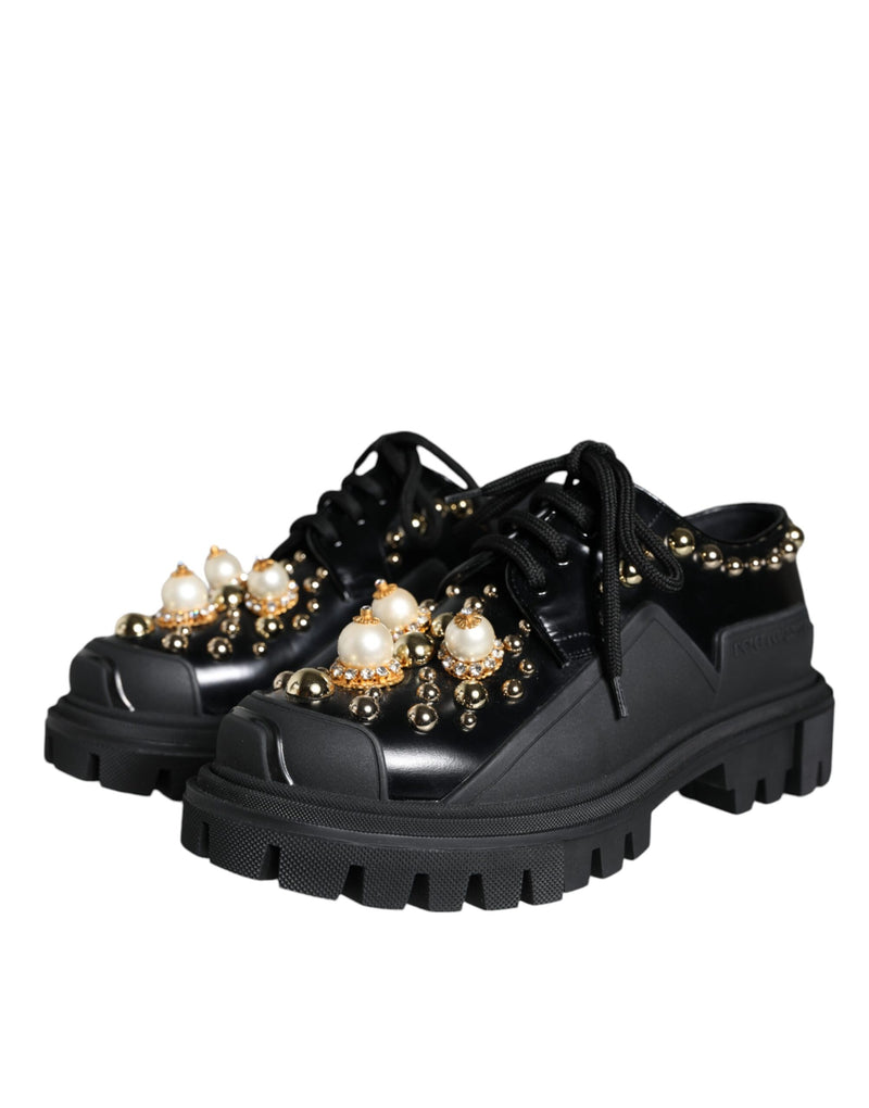 Dolce & Gabbana Black Leder Trekking Derby verschönerte Schuhe