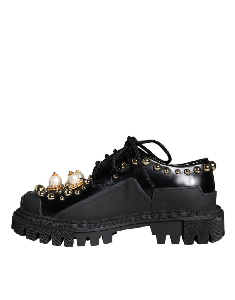 Dolce & Gabbana Black Leder Trekking Derby verschönerte Schuhe