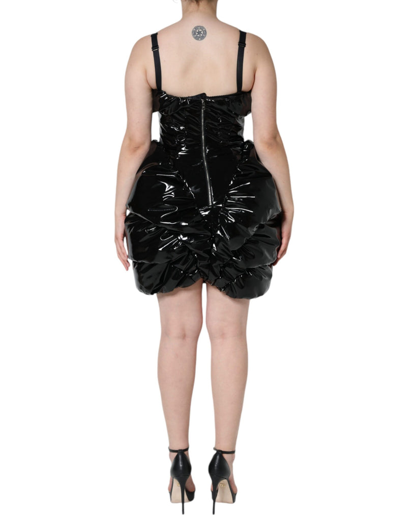 Dolce & Gabbana Black Polyester Ruched Coated Mini Kleid