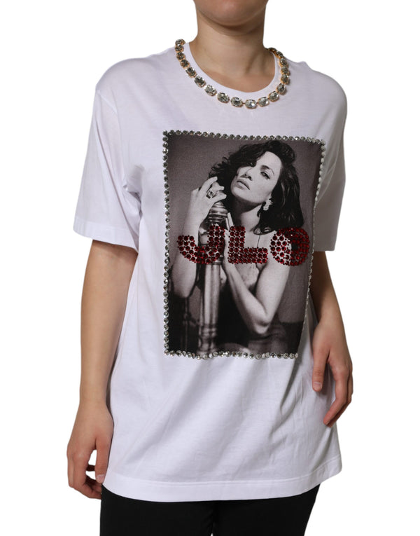 Dolce & Gabbana White Crystal Neckline Embellized Printed T-shirt