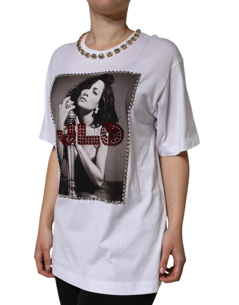 Dolce & Gabbana White Crystal Neckline Embellized Printed T-shirt