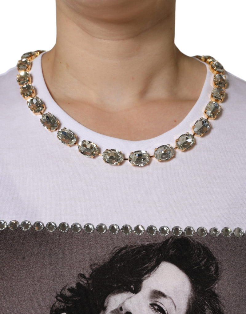 Dolce & Gabbana White Crystal Neckline Embellized Printed T-shirt