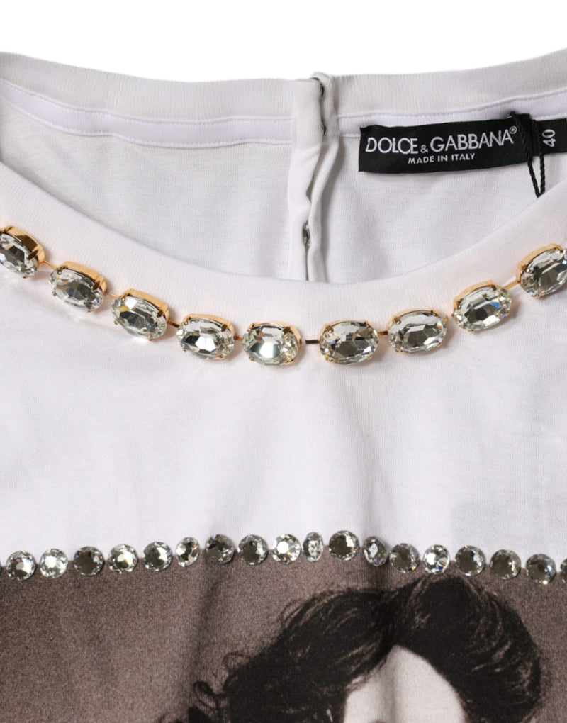 Dolce & Gabbana White Crystal Neckline Embellized Printed T-shirt