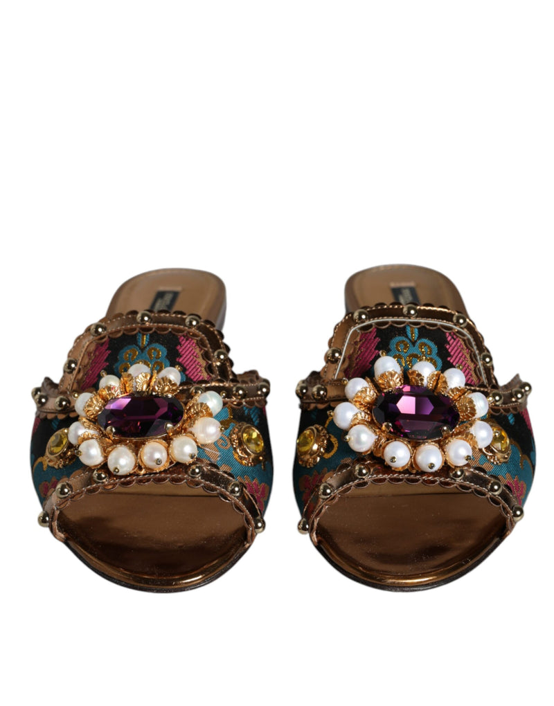 Dolce & Gabbana Multicolor Jacquard Embellized Slides Flats Shoes