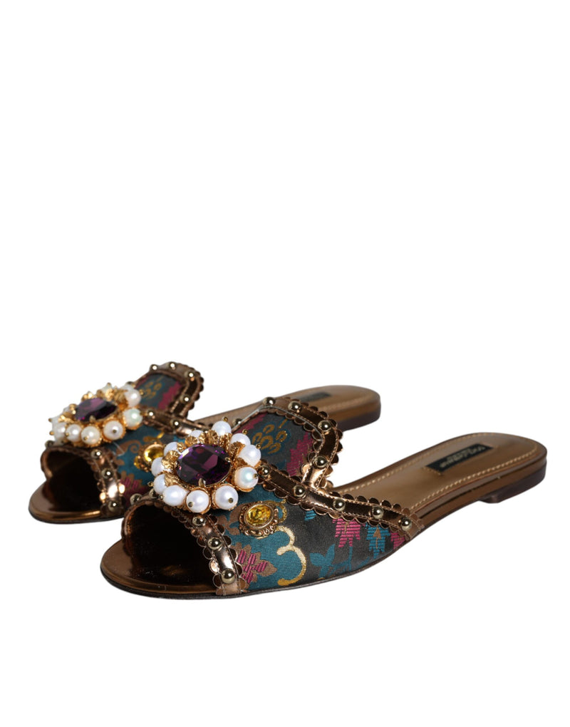 Dolce & Gabbana Multicolor Jacquard Embellized Slides Flats Shoes