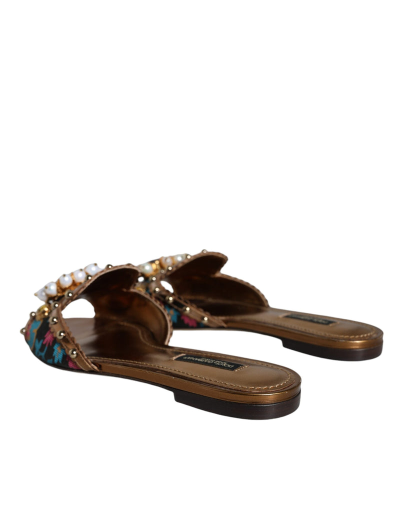 Dolce & Gabbana Multicolor Jacquard Embellized Slides Flats Shoes