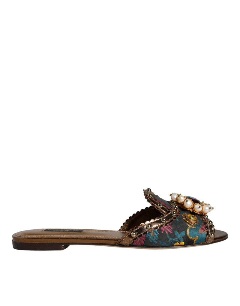 Dolce & Gabbana Multicolor Jacquard Embellized Slides Flats Shoes