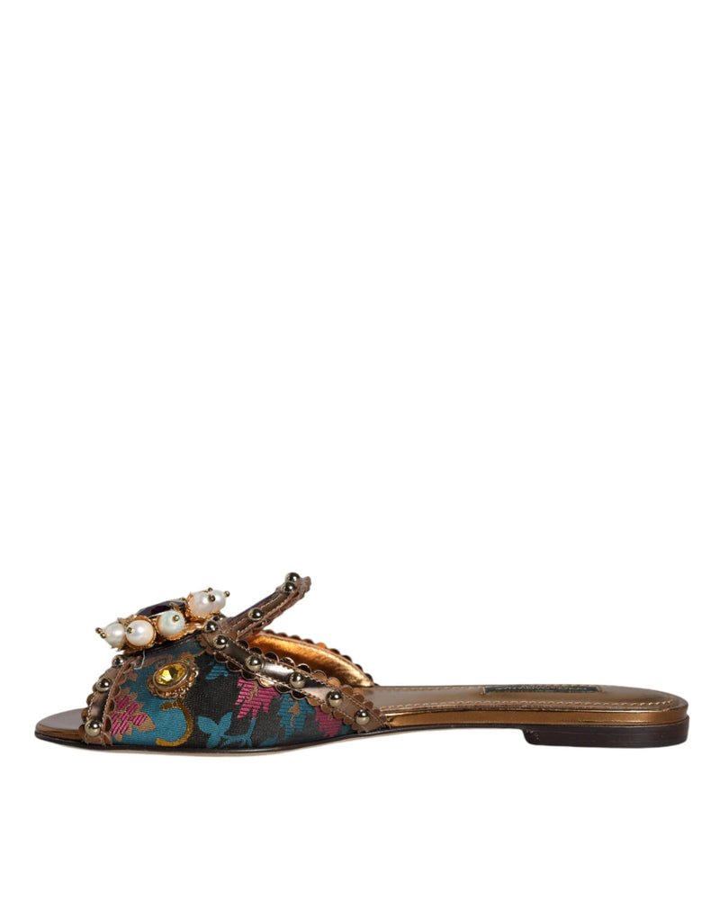 Dolce & Gabbana Multicolor Jacquard Embellized Slides Flats Shoes