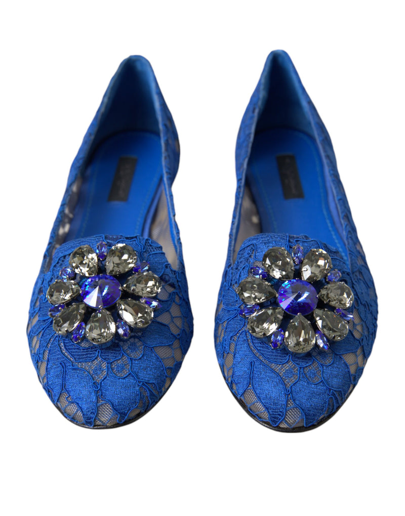 Dolce & Gabbana Blue Lace Crystal Ballet Flats Laafers Schuhe