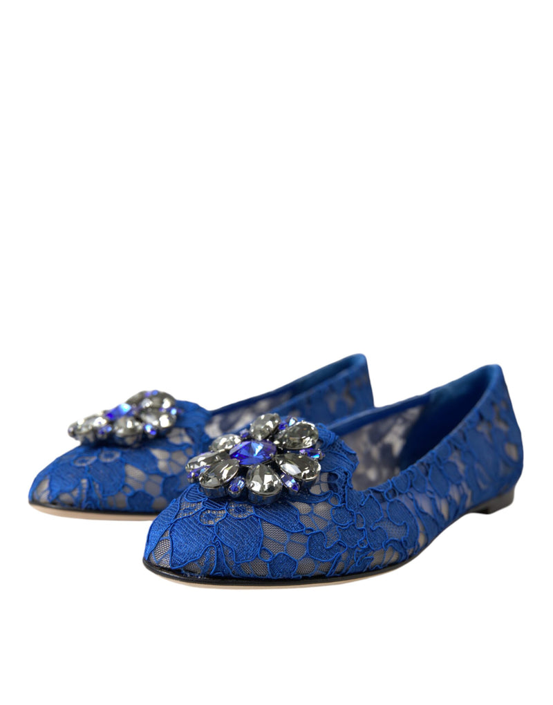 Dolce & Gabbana Blue Lace Crystal Ballet Flats Laafers Schuhe