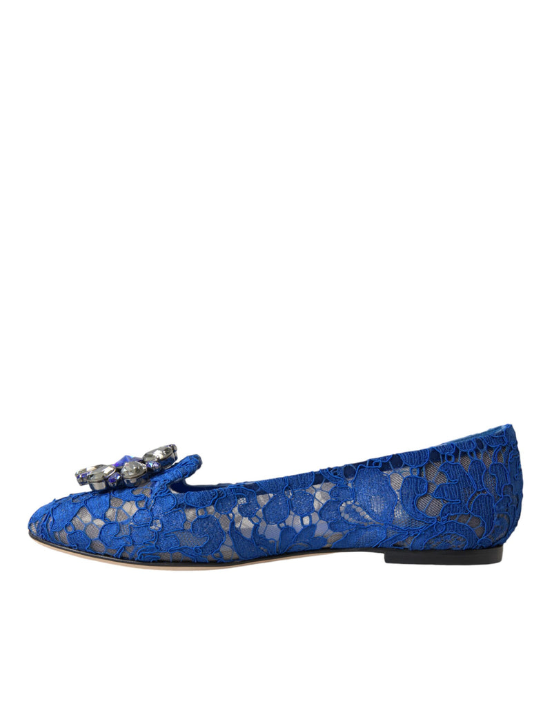 Dolce & Gabbana Blue Lace Crystal Ballet Flats Laafers Schuhe