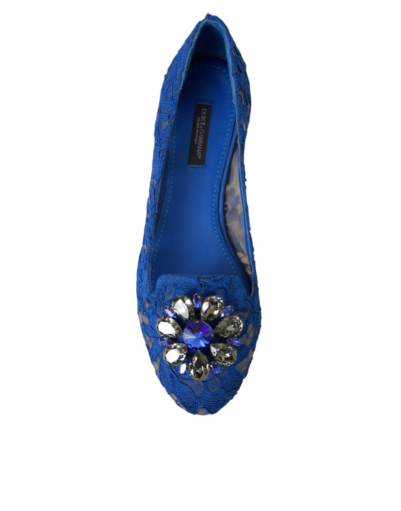 Dolce & Gabbana Blue Lace Crystal Ballet Flats Laafers Schuhe