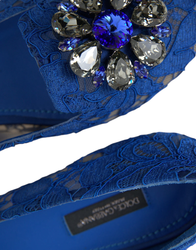 Dolce & Gabbana Blue Lace Crystal Ballet Flats Laafers Schuhe