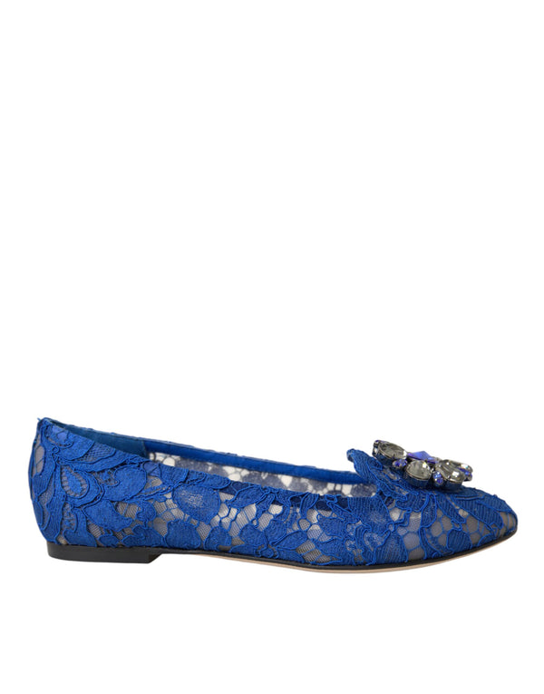 Dolce & Gabbana Blue Lace Crystal Ballet Flats Laafers Schuhe