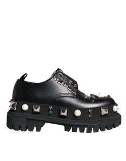 Dolce & Gabbana Black Leather Embellized Derby Formal Shoes