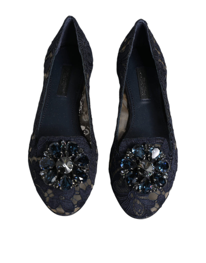 Dolce & Gabbana Blue Taormina Spitzenkristalle Flats Schuhe