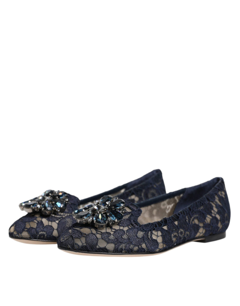 Dolce & Gabbana Blue Taormina Spitzenkristalle Flats Schuhe