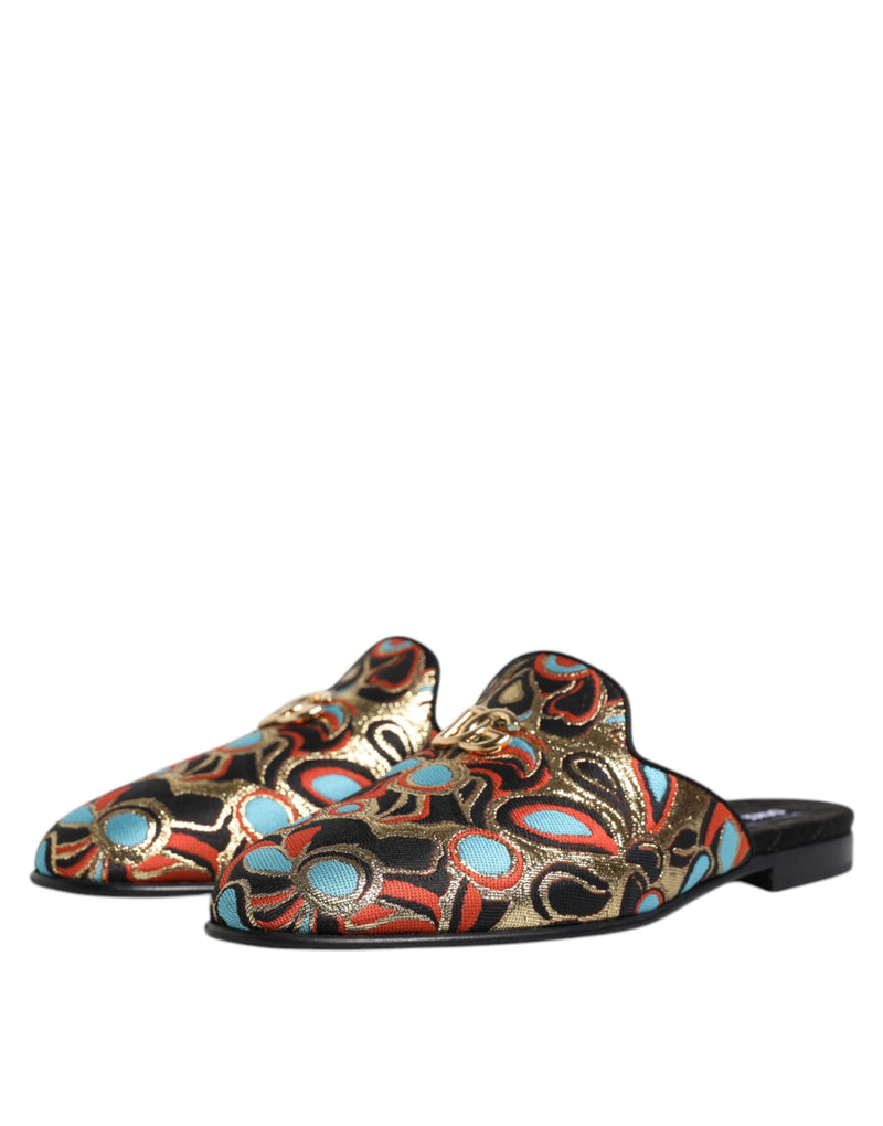 Dolce & Gabbana Multicolor Jacquard Logo flache Sandalen Schuhe