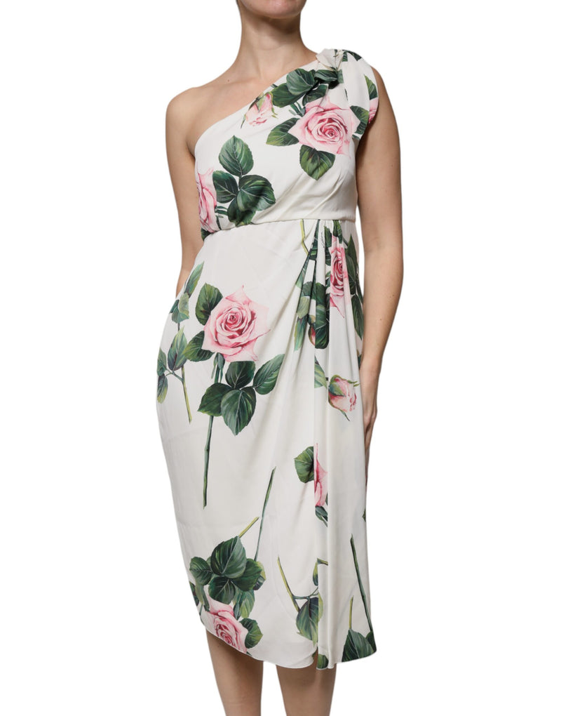 Dolce & Gabbana White Floral Silk One Shoulder Midi Dress