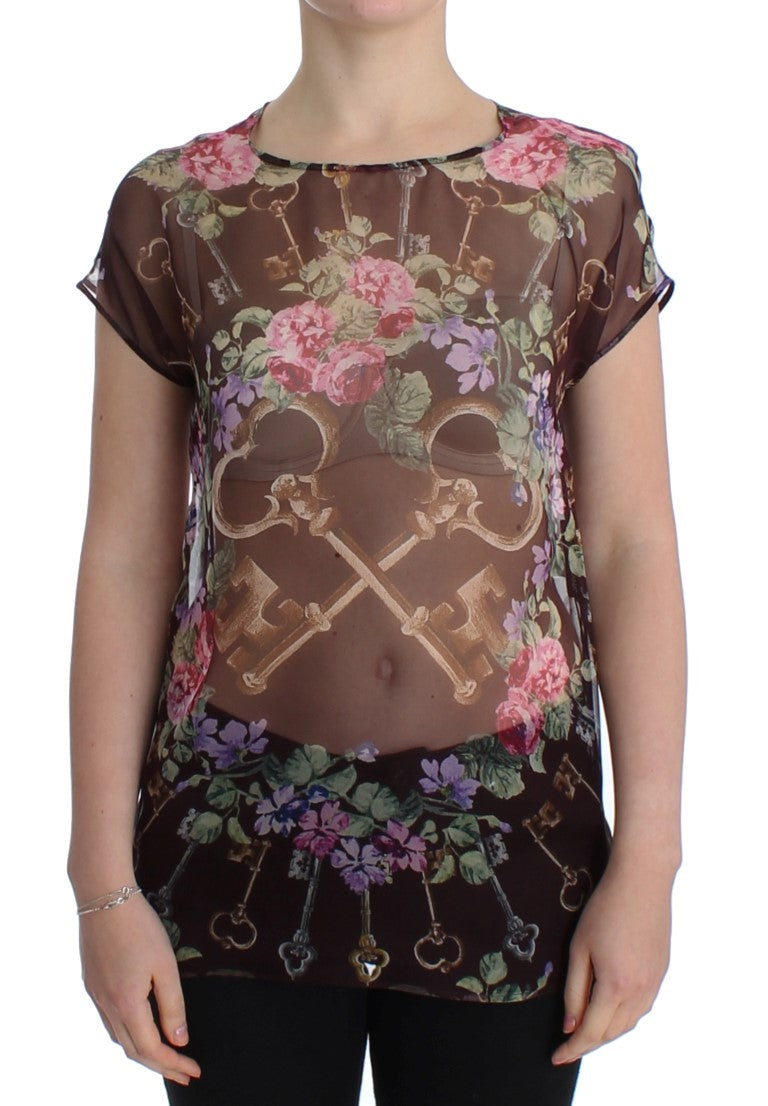 Dolce & Gabbana Elegante blusa de seda floral con mangas japonesas