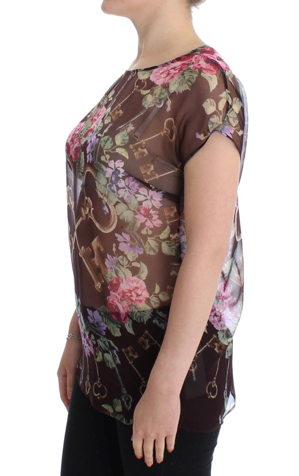 Dolce & Gabbana Elegante blusa de seda floral con mangas japonesas