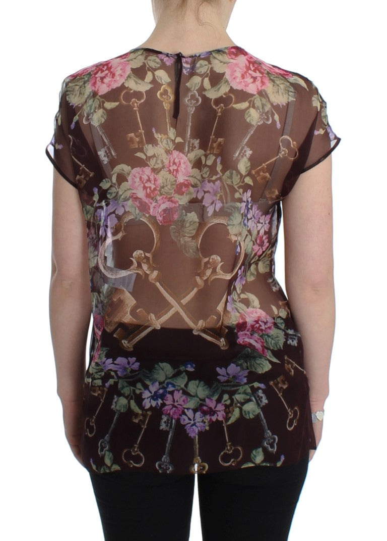 Dolce & Gabbana Elegante blusa de seda floral con mangas japonesas